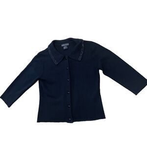 Takeout Knit Cardigan Top Crop Half-Sleeve Collared Black Beaded Button Womens S